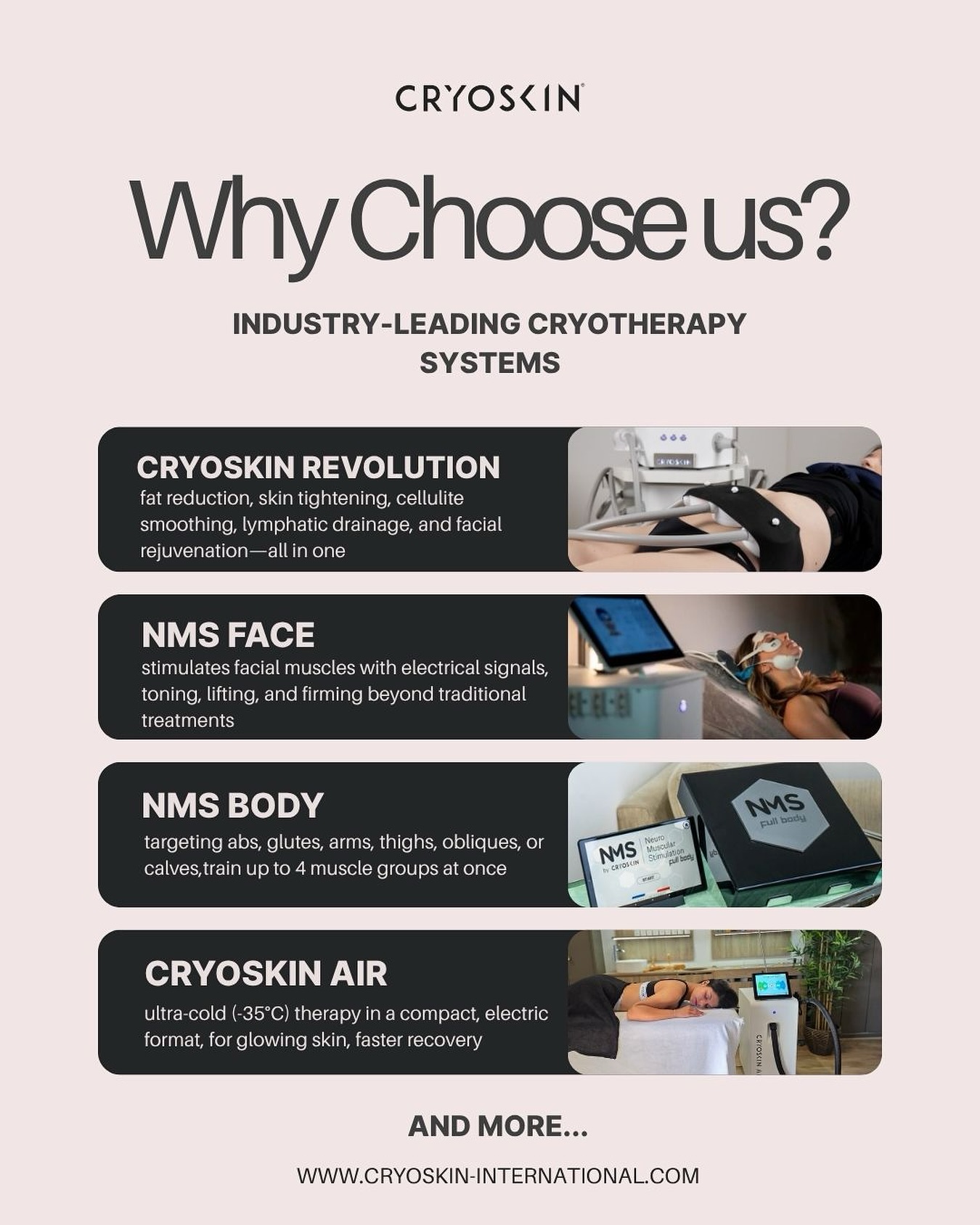 Why choose us? 🌟 

because we bring the future of wellness to you 

experience innovation that works 

 Visit our website www.cryoskin-international.com for more information 

#cryoskin #cryoslim #cryoslimming #cryotone #cryotoning #wellness # furnirurespa #NMS #cryoskin #cryotherapy #cryotherapybenefits #wholebodycryotherapy #cryotherapyuk #cryotherapymidlands #riverinacryotherapy #uscryotherapyabq #wellness #healthandwellness #healthybody #chiropractor #acidohialuronico #injuryrecovery #skinresurfacing #youngerlookingskin #fatfreezing #icebath #cellulitetreatment #cooltech #sha#athletictraining #quincy #lincolnnebraska