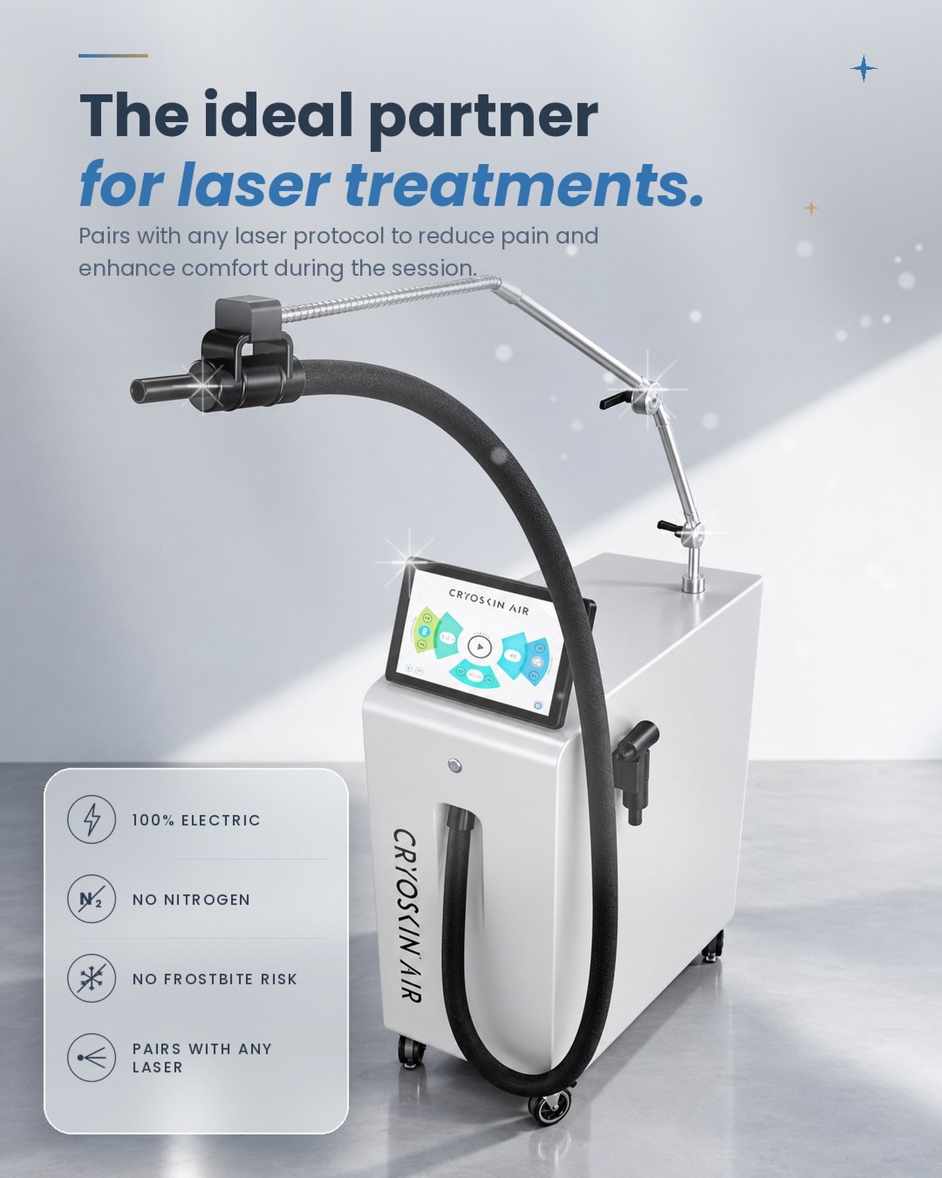 The ideal partner for laser treatments. ❄️ 

Meet Cryoskin Air: cold air designed to make every laser session more comfortable. 

▪️ 100% electric ▪️ No nitrogen ▪️ No frostbite risk ▪️ Pairs with any laser protocol Less discomfort for your clients. More confidence for your team. 

Discover Cryoskin Air at cryoskin-international.com 

#CryoskinAir #cryoskin