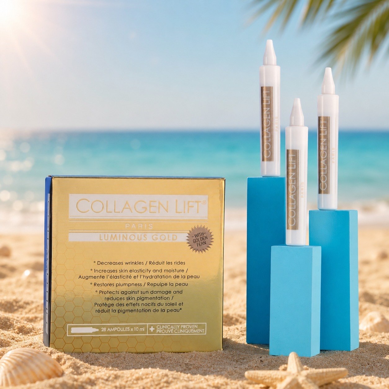 Your first line of defence against sun damage. ☀️✨

Discover LUMINOUS GOLD drinkable collagen, powered by Golden Fern to help protect your skin from UVA & UVB damage while reducing pigmentation from within.

Look younger for longer with Collagen Lift Paris. 💛