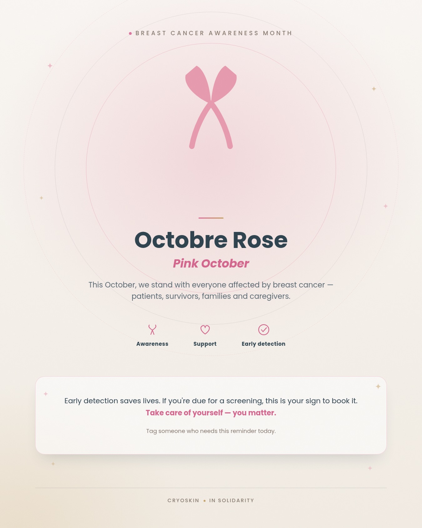 This October, we’re wearing pink. 🎀

Breast cancer touches so many of us — directly or through someone we love. This month, we want to take a moment to stand with every patient, survivor, caregiver and family navigating this journey.

💗 Early detection saves lives. If you’re due for a screening, let this be your reminder to book it.
💗 Check in on the people in your life who might need extra support this month.
💗 You are not alone, and you matter.

#OctobreRose #PinkOctober #BreastCancerAwareness